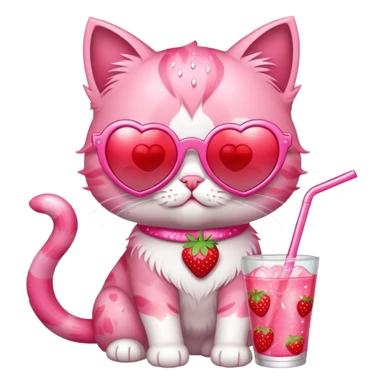 A bubblegum pink kitten with heart-shaped sunglasses, sipping a strawberry soda, surrounded by sparkles and summer vibes. sticker