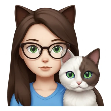 O fata cu parul saten lung ,ochii gri-albastrii ,ochelari și codițe de pisica ..și langa o pisicuță total  alba pufoasa ,cu ochii verzi și o a doua pisica siameza pufoasa cu capul maro inchis-negru și coada ,restul corpului un maro deschis spre alb  cu ochii albaștrii. sticker