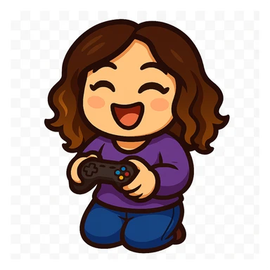 Sticker style chibi emote, matching the attached green heart emote as a base, but with a slightly skinnier body and a bigger chest. Woman from reference, purple sweater and blue jeans, holding a game controller in a gaming pose, cute excited face, no headband, no wand, transparent background. Top color should not match jeans. sticker