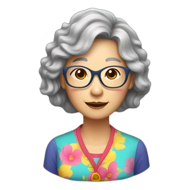 Chinese senior lady with long hair wavy hair with glasses with colorful top sticker