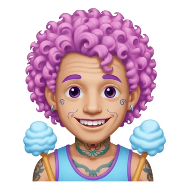 very cheerful colorful puffy violet curly haired man made out of cotton candy wearing teeth-braces and tattoos and face tattoos just face  sticker