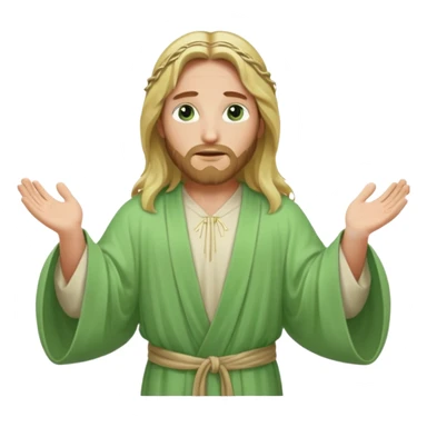 Jesus, green eyes, long blonde hair, light green wide, flowing outer robe. opening arms, gazing thoughtfully. Soft light, subtle fern. Waist-up, profile. sticker