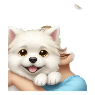 Blond girl white skin blue eyes hugging white Pomeranian with light pink bow sticker