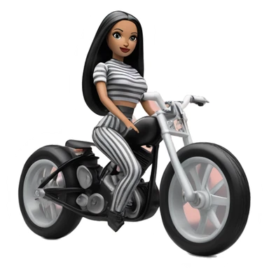 Jeffery New York Lingerie Barbie white Wednesday Addams from academy in vertically-striped gray and black outfit. Leaning back, riding a wheelie on a hot rod bike sticker