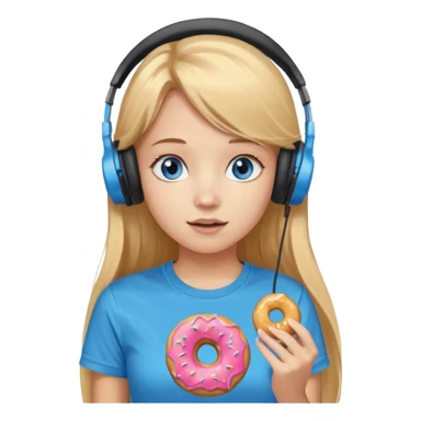 una ragazza dall‘ età di 19 anni con capelli biondi miele lunghi ,  occhi celesti,  con addosso una maglietta con una ciambella e le cuffie ascoltando violetta sticker