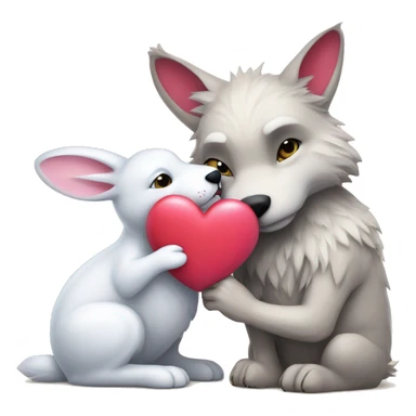 Old Wolf kisses a white Bunny who has pink ears, with big red heart between them sticker