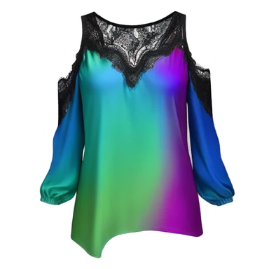 Realistic isolated side view of a metallic cobalt blue,magenta,and pistachio green ombre low cut cold shoulder blouse with long black lace sleeves. sticker