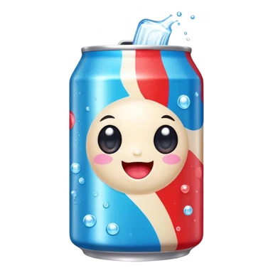 Cute Kawaii Soda Can, bubbly and vibrant, bright red and blue stripes, playful fizz popping around, a chubby happy face with wide sparkling eyes, energetic and refreshing! sticker