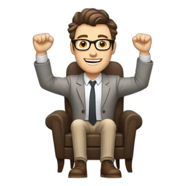 Joyful Celebrating victory Hands up Pale skinned Fit Man With dark brown hair in gray jacket, beige office shirt, Brown pants and vintage glasses sitting In a soft chair sticker