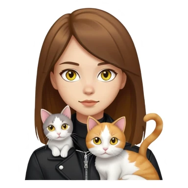 Light-skinned girl with brown straight hair wearing a black jacket, with a white cat with yellow eyes and a calico cat sticker