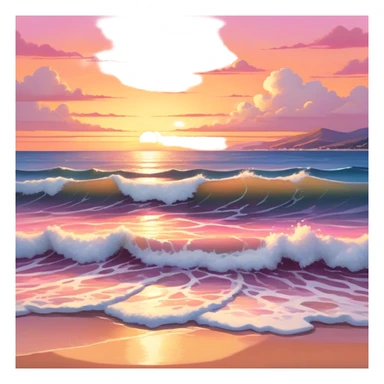 A tranquil seascape with warm-toned waves gently crashing onto the shore, bathed in the golden hues of a sunset. The sky is painted in vibrant oranges and pinks, with a serene, peaceful atmosphere and a distant horizon that adds depth to the beautiful scene. sticker