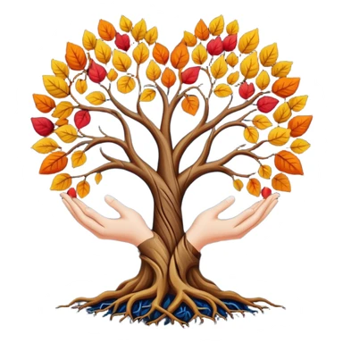 The emoji features a stylized tree with roots that form the shape of a heart, symbolizing love and connection. The tree's branches are adorned with vibrant leaves in shades of orange, red, yellow, and blue, suggesting autumnal colors. Two hands emerge from the bottom of the image, holding the tree's trunk between them, signifying a nurturing or supportive gesture. The background is dark, which contrasts with the brightly colored tree and hands, enhancing their visual impact. sticker