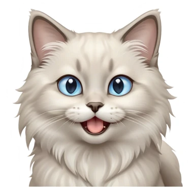 Cinematic Adorable Fluffy Light Grey Mantle Ragdoll Cat Portrait Emoji, Head tilted cutely with big, sparkling blue eyes, soft light grey fur with darker points on the ears, face, and paws, Simplified yet irresistibly adorable features, highly detailed, glowing with a soft, warm glow, high shine, yawning in a peaceful and playful manner, stylized with a touch of whimsy, bright and endearing, soft glowing outline, capturing the essence of a relaxed and loving kitten, so cute it feels like it could leap out of the screen and stretch into a cozy nap! sticker
