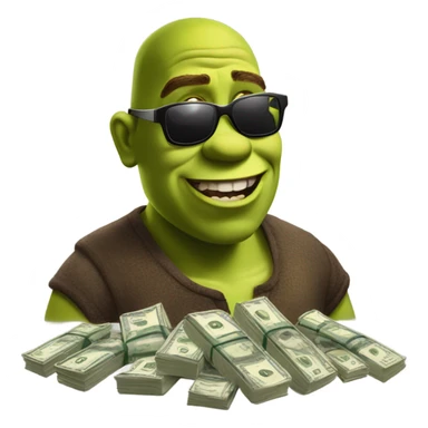 Shrek counting money, wearing sunglasses, bald sticker