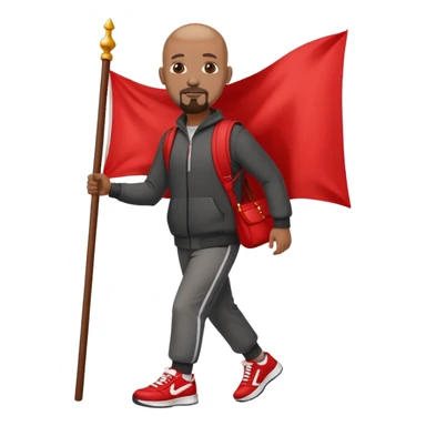 Bald black man with a white goatee in sneakers carrying a red flag sticker