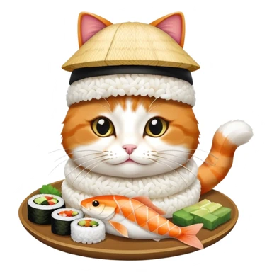 cat wearing a sushi hat with rice base, multiple fish pieces on top, wasabi accent, and soy sauce dripping, sushi hat with sauce sticker