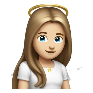 Caucasian brunette angel with long straight hair, dimples, big blue eyes, golden hoop halo over head and wings on back sticker