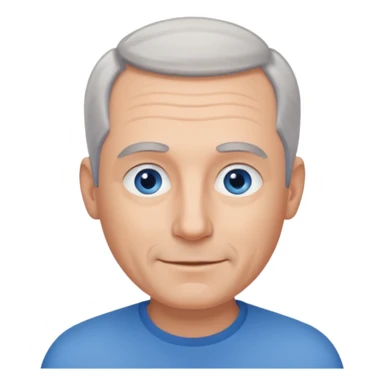 Middle aged man with receding grey hair and no beard, blue eyes, shy smile sticker