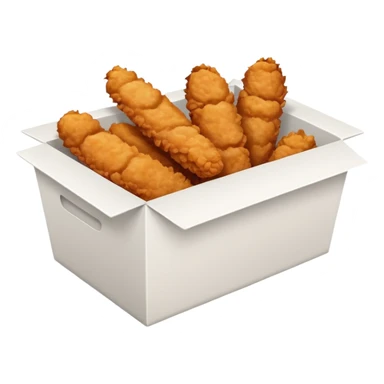 a frontal rectangular white box with no lid, filled with crispy fried chicken fingers sticker