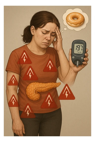 "Woman struggling with worsening insulin sensitivity, blood sugar spikes visualized as red warning signals throughout her body, expression of energy crashes and sugar cravings, pancreas working overtime shown in transparent overlay, pre-diabetic progression despite dietary efforts, metabolic syndrome symptoms accumulating, glucose meter showing increasingly concerning readings" scritte in italiano sticker