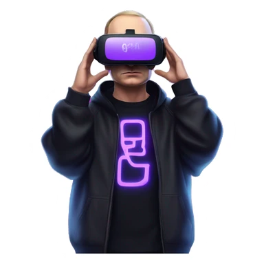 Putin wearing a black hoodie with "OMG" letters on it and VR headset oculus quest 2 in a cyberpunk VR environment with violet neon lighting. sticker