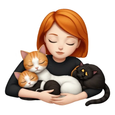 Ginger Girl short hair sleeping with two cats a black and a white bigger cat  sticker