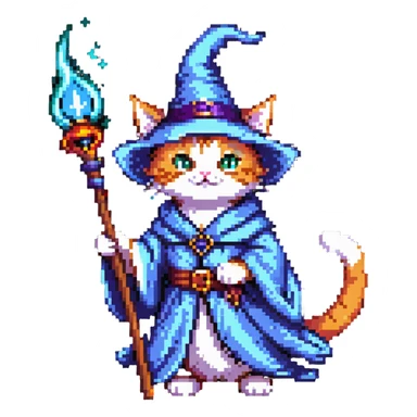 A cat wizard casting a spell with magical staff and flowing robes sticker