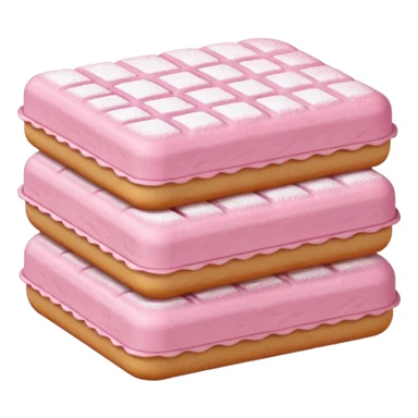 stack of pink Reims biscuits, rectangular rounded edges, pastel pink, powdered sugar dusting, crisp textured surface, subtle cracks, soft lighting, subtle shadows, no plate no packaging no faces, transparent background, emoji scale sticker