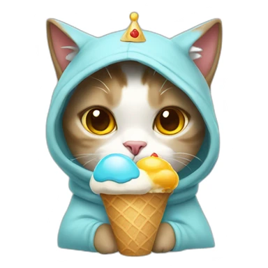 Cat wearing a hoodie having a crown on its head and holding an ice cream  sticker