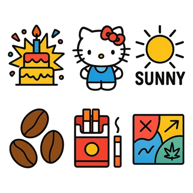 birthday explosion with Hello Kitty, Sunny in Philadelphia, coffee beans, cigarettes, cannabis, graffiti and collage elements sticker