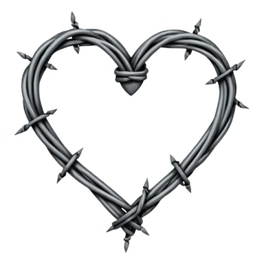 Minimal black line art heart made from barbed wire, hand-drawn sketch look, uneven ink strokes, 6–7 barbs with twisted knots, simple clean outline, centered on plain white background, high contrast sticker