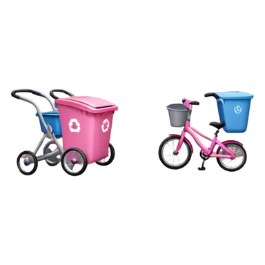 Two pink kids bikes, a stroller, and a trash can, at the end of a hallway sticker