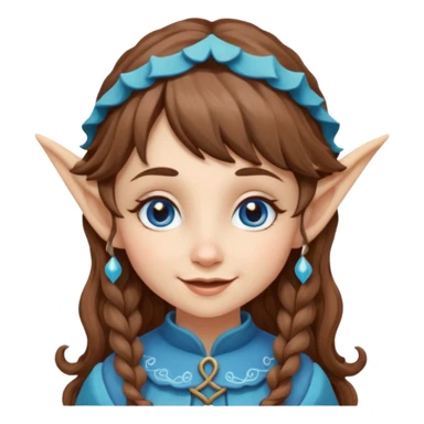 Kind happy whimsical quirky Girl toymaker, wood carving elf. Woodland creator. Blue eyes. brown hair (just below chin length) wavy hair & bangs. Whimsical playful cute sticker