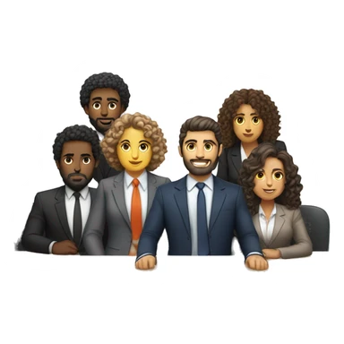 work meeting table 3 men and 4 women sitting on a table wearing suits the women have curly hair and one of the men is fat with a beard and of them is tanned with curly hair sticker