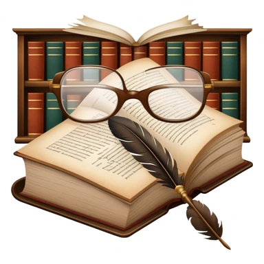 An icon featuring an open book with classic text, a feather quill, and reading glasses, symbolizing literary studies. The design includes old library shelves and vintage manuscripts in the background. Transparent background emphasizes the deep analysis of written works and literary history. sticker