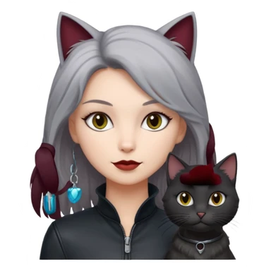 femme aux yeux gris, cheveux court bordeaux avec cuir noir, accompagné d'un chat poils longs gris clair et d'un chat poils ras noirs sticker