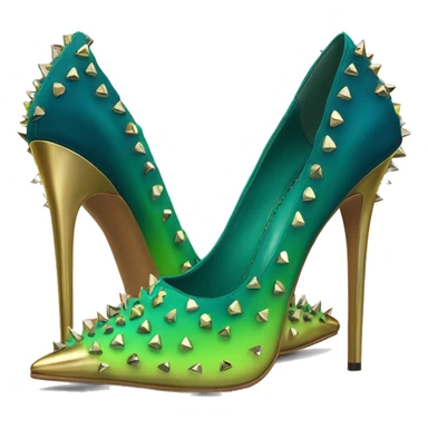 Hyper-realistic top front view of a pair of lime green to dark teal blue ombre pointed toe high heels with gold studs over them. sticker
