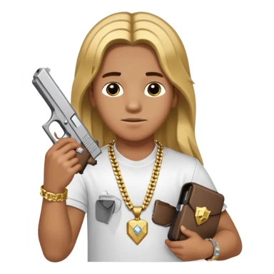 kid with long hair holding a glock, wearing a diamond grill and a 24 karat gold chain sticker