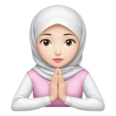 A white Asian woman, white hijab women are listening with her hands folded on the table. her lips is pink. her outfit & hijab color is white. Her fingers are 10. sticker