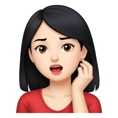 Girl with black hair biting her lip with pushing hair behind her ear  sticker