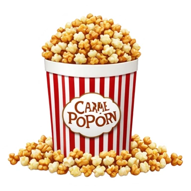 large package of caramel popcorn, red and white vertically striped package with thick stripes, golden brown caramel popcorn visible at the top, no text or labels on package, only stripe pattern, authentic Apple emoji style with glossy finish, prominent package size sticker