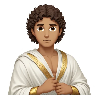Cinematic Realistic Hercules Portrait, depicted as a classical Greek hero inspired by the Disney version yet echoing the refined proportions and serene dignity of Michelangelo's David. His idealized, tan skin glows with timeless strength, and his thick, curly wavy dark brownhair falls in natural, sculpted curls. Draped in a flowing white robe with delicate golden accents, his expressive eyes radiate determined nobility, all rendered under dynamic natural lighting with a mythic, radiant glow. sticker