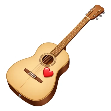 “Flat vector icon of a Cuban tres guitar in three-quarter view, warm brown, thick outline, centered on a warm cream or beige rounded-square (or circle); near the soundboard add a small red or pink heart with a soft glow and 2–3 tiny sparkles to suggest ‘soul’.  sticker