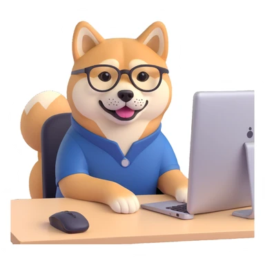 shiba inu with eye glasses and computer sticker