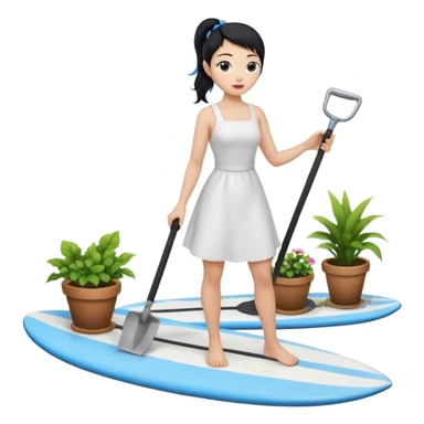 Princess who wearing white dress (woman) black ponytail hair holding her cellphone and  one garden iron shovel with another hand. there is one blue surfing board under her feet. She is looking at her phone. sticker