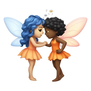 two fairies kissing, one is pale white and has a pink dress and her hair is orange, and other is with curly black hair and a blue dress sticker