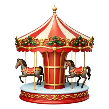 Apple iOS style 3D emoji icon of a vintage Moscow Christmas carousel.
Round ornate roof with red and gold patterns, miniature horses, decorated with glowing warm light garlands and light dusting of snow. Smooth glossy plastic texture, high-end 3D render, vibrant festive colors, resolution. sticker