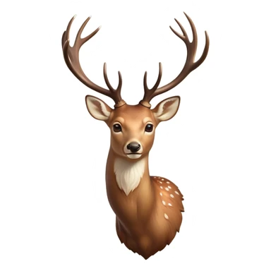 Cinematic Noble Deer Portrait Emoji, Poised and regal, with a graceful, slender build and a dappled Fur of warm browns and creams, elegant antlers crowning its head, deep-set soulful gentle eyes, Simplified yet sharp and sophisticated features, highly detailed, glowing with a soft, dignified glow, high shine, intelligent and serene, stylized with an air of forest majesty, focused and attentive, soft glowing outline, capturing the essence of a watchful woodland guardian, so majestic it feels as though it could gracefully leap out of the screen with effortless authority! sticker