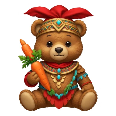 teddy bear Upper eat carrot , wearing red mayan ancient custome, half body sticker