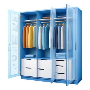 Icon for Furniture Design: a semi-transparent 3D wardrobe on top of a blueprint, with design metrics and measurements around it. The icon should represent the design and development process of furniture. Transparent background. sticker